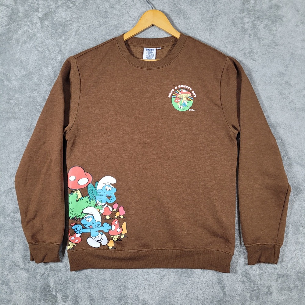The Smurfs Sweatshirt Womens M Brown Have a Smurfy Day Graphic Mushroom Pullover